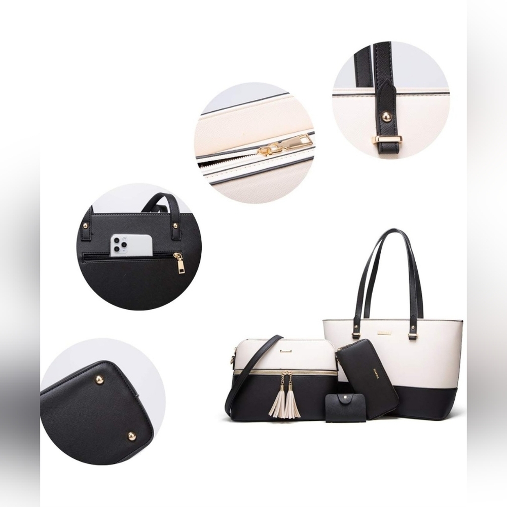 All NEW 4 Piece Purse SET Black/Ivory Faux Leather Tote, Shoulder Bag Bundle - Picture 6 of 13